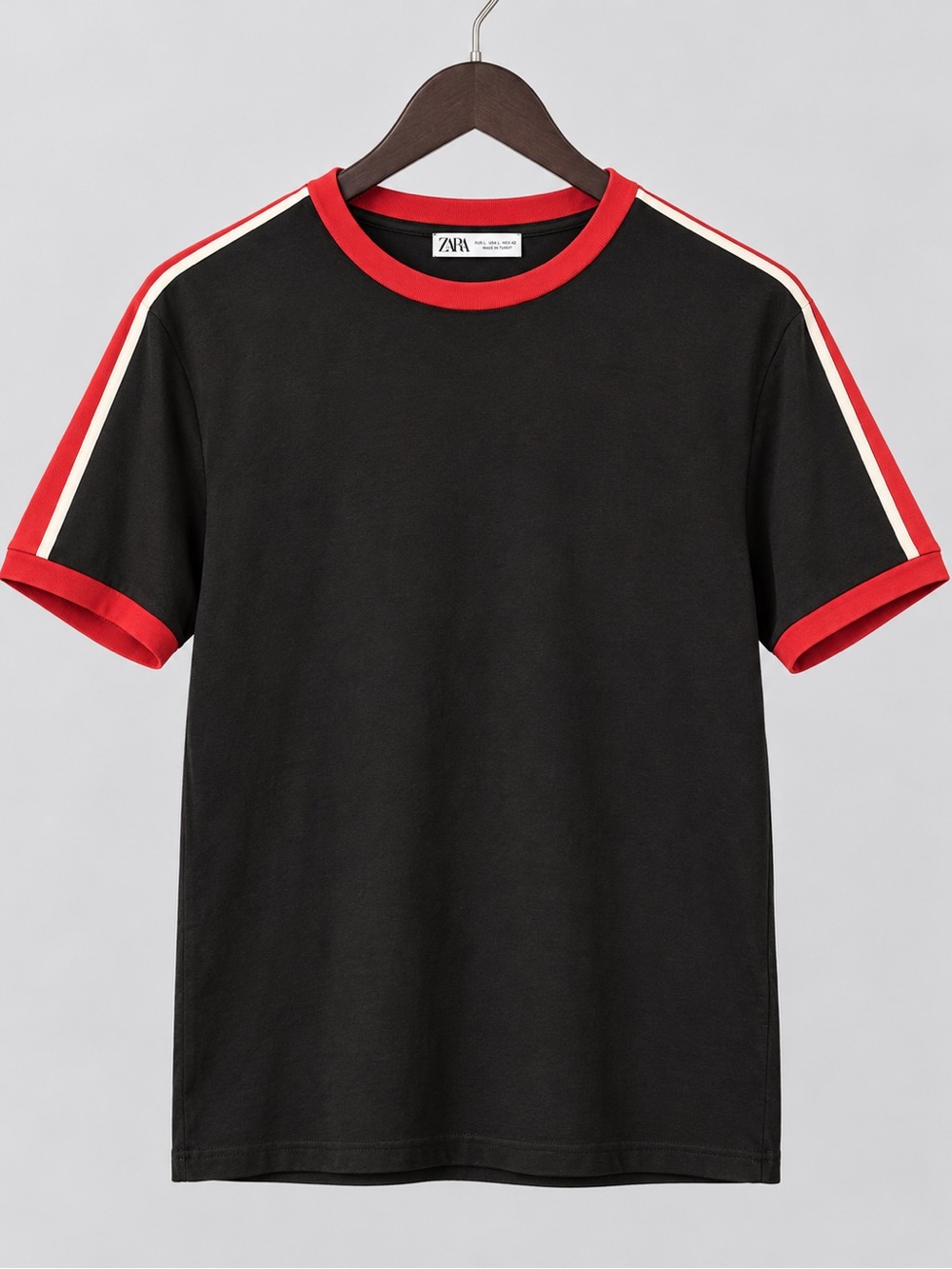 Zara Black Tee with Red & White Shoulder Stripes
